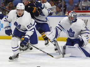 Toronto Maple Leafs defenseman Rinat Valiev (53) moves the puck up ice during the first period of a preseason NHL hockey game against the Buffalo Sabres, Saturday Sept. 23, 2017, in Buffalo, N.Y.