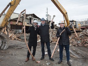 House of Lancaster makes its long-awaited exit from the coveted Queensway community in Etobicoke. (L to R): Ward 5 Councillor Justin Di Ciano, Stafford Lawson and Michael Binder from Parallax. Photo by Paul Casselman