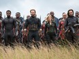 (L-R) Black Panther/T'Challa (Chadwick Boseman), Captain America/Steve Rogers (Chris Evans), Black Widow/Natasha Romanoff (Scarlet Johansson) and Winter Soldier/Bucky Barnes (Sebastian Stan). Photo: Chuck Zlotnick.