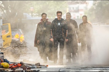 Marvel Studios' AVENGERS: INFINITY WAR. L to R: Doctor Strange/Stephen Strange (Benedict Cumberbatch), Iron Man/Tony Stark (Robert Downey Jr.), Wong (Benedict Wong) and Bruce Banner/Hulk (Mark Ruffalo). Photo: Chuck Zlotnick. Marvel Studios