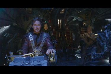 Marvel Studios' AVENGERS: INFINITY WAR. L to R: Star-Lord/Peter Quill (Chris Pratt), Mantis (Pom Klementieff), Groot (voiced by Vin Diesel). Photo: Film Frame. Marvel Studios