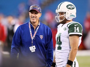 Hall of Fame quarterback Jim Kelly of the Buffalo Bills watches Ryan Fitzpatrick of the New York Jets at New Era Field on September 15, 2016 in Orchard Park, New York. (Brett Carlsen/Getty Images)