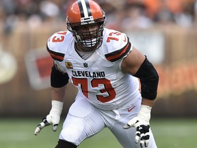 In this Oct. 8, 2017, file photo, Cleveland Browns offensive tackle Joe Thomas blocks during a game against the New York Jets in Cleveland. (AP Photo/David Richard, File)