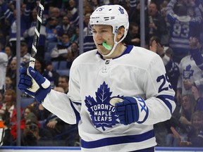 Toronto Maple Leafs forward James Van Riemsdyk (25) celebrates his goal during the first period of an NHL hockey game against the Buffalo Sabres, March 15, 2018, in Buffalo, N.Y. (JEFFREY T. BARNES/AP)