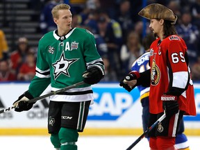 John Klingberg of the Dallas Stars and Erik Karlsson of the Ottawa Senators warm-up prior to the 2018 GEICO NHL All-Star Skills Competition at Amalie Arena on January 27, 2018 in Tampa, Florida. (Mike Carlson/Getty Images)