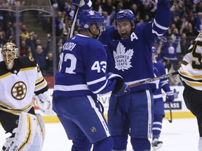 Toronto Maple Leafs Tyler Bozak (42) celebrates  Nazem Kadri C (43) goal during the first period in Toronto on Sunday February 25, 2018. Jack Boland/Toronto Sun/Postmedia Network