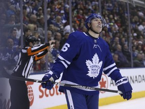 Toronto Maple Leafs Mitch Marner RW (16) looks up at the screen after a missed open net during the first period in Toronto on Saturday March 17, 2018. Jack Boland/Toronto Sun