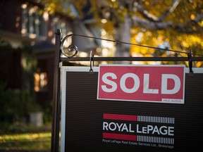 A real estate sold sign hangs in front of a west-end Toronto property Friday, Nov. 4, 2016.
