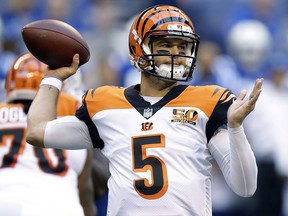 In this Thursday, Aug. 31, 2017 file photo, Cincinnati Bengals quarterback A.J. McCarron throws against the Indianapolis Colts in Indianapolis. (AP Photo/Michael Conroy, File)