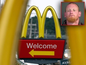 Jedediah Ezekiel Fulton (inset) allegedly atatcked the Golden Arches of a McDonald's restaurant in Oregon on March 16 after staff refused to make him 30 double cheeseburgers. (Douglas County Jail/HO/AP Photo/Rogelio V. Solis, File)