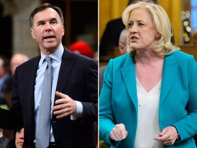Finance Minister Bill Morneau and Conservative MP Lisa Raitt. THE CANADIAN PRESS/Sean Kilpatrick