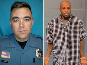 Christopher Ryan Morton (L) was fatally shot and two other officers injured while trying to apprehend the suspect after responding to a 911 call at a Missouri residence on Tuesday night, March 6, 2018. The suspected shooter James Waters (R) was found dead inside the home. (Clinton Police Department via AP/Cass County Sheriff's Office/HO)