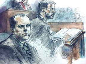 Justice Robert Clark listens to Crown attorney John Pollard address the jury in a Toronto courtroom.  seated foreground Craig Ruthowsky is pictured in the foreground. (PAM DAVIES SKETCH)