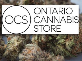 Medical marijuana is shown in Toronto on November 5, 2017 alongside the logo for the Ontario Cannabis Store announced on March 9, 2018.