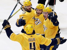 Nashville Predators right winger Ryan Hartman (38) celebrates with teammates after scoring a goal against the Dallas Stars on March 6, 2018 (THE ASSOCIATED PRESS)