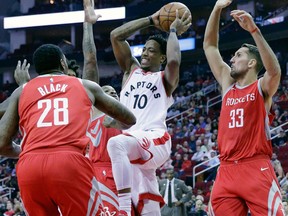 Toronto Raptors guard DeMar DeRozan drives to the hoop against the Houston Rockets on Nov. 14, 2017