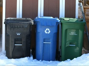 A City of Calgary black bin used to collect garbage, a blue recycling bin and a green bin for food waste, are shown on March 10, 2018.