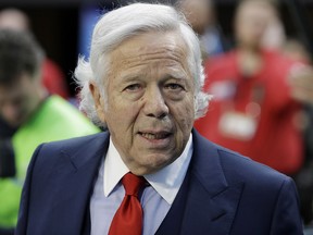 In this Feb. 4, 2018, file photo, New England Patriots owner Robert Kraft arrives at U.S. Bank Stadium before Super Bowl 52 game against the Philadelphia Eagles, in Minneapolis. (AP Photo/Chris O'Meara, File)