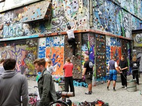 Hamburg creatively recycles its urban past: This graffiti-covered WWII bunker is now the largest climbing wall in the city. RICK STEVES PHOTO