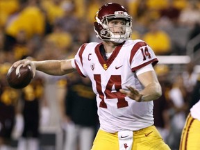 Southern California quarterback Sam Darnold throws a pass during first half NCAA football action against Arizona State in Tempe, Ariz., on Oct. 28, 2017.