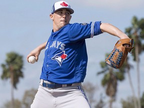 Toronto Blue Jays pitcher Aaron Sanchez throws live batting practice at spring training in Dunedin, Fla. on Tuesday, Feb. 20, 2018. THE CANADIAN PRESS/Frank Gunn