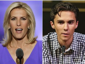 In this combination photo, Fox News personality Laura Ingraham speaks at the Republican National Convention in Cleveland on July 20, 2016, left, and David Hogg, a student survivor from Marjory Stoneman Douglas High School in Parkland, Fla., speaks at a rally for common sense gun legislation in Livingston, N.J., on  Feb. 25, 2018.  (AP Photos)
