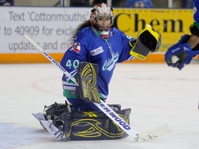 Shannon Szabados of the Columbus Cottonmouths during warm-ups at Columbus Civic Center on March 13, 2014 in Columbus, Georgia