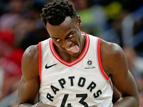 Toronto Raptors' Pascal Siakam reacts after sinking a 3-point shot against the Orlando Magic on March 20, 2018