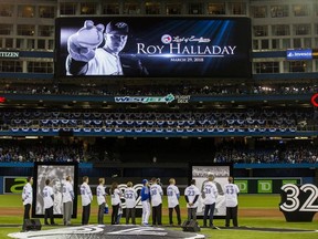 Pregame tribute to the late former Toronto Blue Jays Roy Halladay before the season opener against the New York Yankees at the Rogers Centre in Toronto, Ont. on Thursday March 29, 2018.