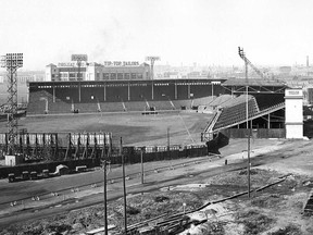This undated view of Toronto’s new Maple Leaf Stadium, which was located at the foot of Bathurst St., was home to Toronto’s baseball team in the International League from 1926 to 1967. The franchise was moved to Louisville, Ky. The stadium was demolished in 1968. The landmark Tip Top Tailors building (now Tip Top Lofts) seen in the background was completed in 1929.