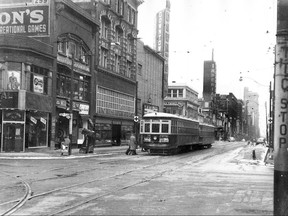 A Peter Witt streetcar and trailer pause northbound at the Yonge and Dundas intersection in this undated photo. In the photo, the Downtown Theatre, which opened in Oct. 1948, the Continental clothing store, plus a building that would be the site of a Coles bookstore that I often visited, would all be demolished as plans were advanced for the new Yonge-Dundas Square.