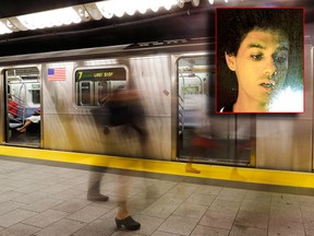Abdulrahman El-Bahnasawy (inset) was arrested in New Jersey in 2016 after taking steps towards his ISIS-inspired plot to attack New York City landmarks, , including Times Square and the city's subway system (seen here).  (Facebook/THE CANADIAN PRESS/AP, Frank Franklin II)