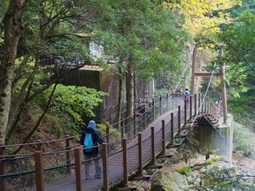 While much walking on Japan's Izu Peninsula uses wild and remote paths, the Odoriko Trail down past some of the Seven Waterfalls of Kawazu has been modernised to produce  splendid views of the waters.