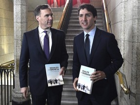 Minister of Finance Bill Morneau walks with Prime Minister Justin Trudeau, right, before tabling the budget in the House of Commons on Parliament Hill in Ottawa on Feb. 27, 2018.