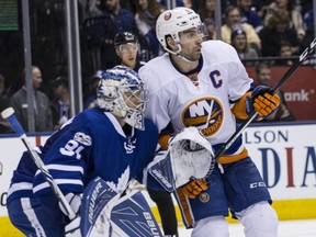 New York Islanders centre John Tavares (91) gets in front of Toronto Maple Leafs goalie Frederik Andersen (31)  in Toronto on February 14, 2017. Craig Robertson/Toronto Sun