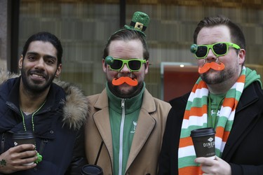 The three O'Amigos - Ankin Talawar and twin brothers Michael (middlel) and Shaun Ashley at the Toronto St Patrick's Day parade on Sunday March 11, 2018. Jack Boland/Toronto Sun/Postmedia Network