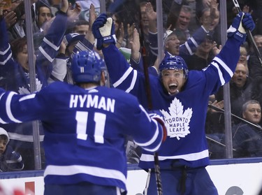 Toronto Maple Leafs Andreas Johnsson C (18)] scores his first goal  during the third period in Toronto on Saturday March 17, 2018. Jack Boland/Toronto Sun/Postmedia Network