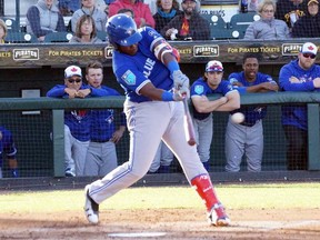 Blue Jays third base prospect Vlad Guerrero Jr. laces a double during a Grapefruit League game against the Pirates Thursday in Bradenton.