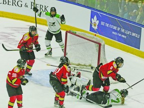Laura Stacey (7) of the Markham Thunder scores the winning goal in overtime against the Kunlun Red Star on Sunday March 25, 2018 at the Ricoh Coliseum to capture the CWHL championship.  Veronica Henri/Toronto Sun/Postmedia Network