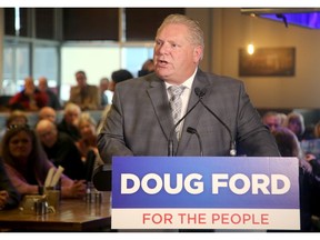 Provincial PC leader, Doug Ford, rolled into Ottawa Monday (April 16, 2018) afternoon on his bus to a packed house at Occo Kitchen in Orleans. Met by about a hundred supporters and the media, Ford made an announcement of zero taxes on those making minimum wage.  Julie Oliver/Postmedia