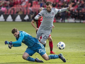Chicago Fire's Nemanja Nikolic (right) collides with Toronto FC goalkeeper Alex Bono during Saturday's game. (THE CANADIAN PRESS)