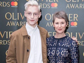 John McCrea and Josie Walker at the Olivier Awards nominations celebration in London on March 9. The stars of Everyvbody’s Talking About Jamie are up for best actor and best actress in a musical awards. GETTY IMAGES