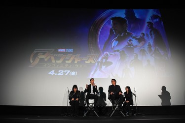 TOKYO, JAPAN - APRIL 16:  (L-R) Actor Tom Holland and Film Director Anthony Lusso attend the fan event for 'Avengers Infinity War' Tokyo premiere at the TOHO Cinemas Hibiya on April 16, 2018 in Tokyo, Japan.  (Photo by Koki Nagahama/Getty Images for Disney)