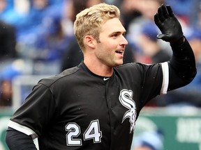 Matt Davidson  of the Chicago White Sox smiles after hitting  his first of three opening-day homers against the Royals on Thursday.  (Photo by Jamie Squire/Getty Images)