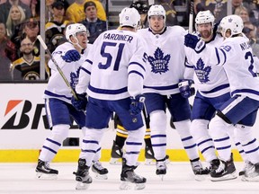 Patrick Marleau #12 of the Toronto Maple Leafs, second from left, celebrates with William Nylander #29, Auston Matthews #34, Jake Gardiner #51 and Andreas Johnsson #18 after scoring a goal against the Toronto Maple Leafs during the first period of Game Seven of the Eastern Conference First Round in the 2018 Stanley Cup play-offs at TD Garden on April 25, 2018 in Boston, Massachusetts. (Photo by Maddie Meyer/Getty Images)
