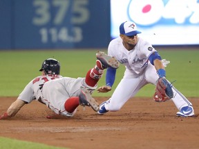 Andrew Benintendi #16 of the Boston Red Sox slides into second base with an RBI double in the third inning during MLB game action as Lourdes Gurriel Jr. #13 of the Toronto Blue Jays tries to make the tag at Rogers Centre on April 26, 2018 in Toronto, Canada. (Photo by Tom Szczerbowski/Getty Images)