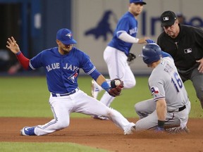 Ryan Rua #16 of the Texas Rangers steals second base in the fourth inning during MLB game action as Lourdes Gurriel Jr. #13 of the Toronto Blue Jays makes the late tag at Rogers Centre on April 28, 2018 in Toronto, Canada.