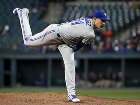 Toronto Blue Jays starter Aaron Sanchez follows through on a pitch to the Baltimore Orioles Tuesday, April 10, 2018, in Baltimore. (AP Photo/Patrick Semansky)