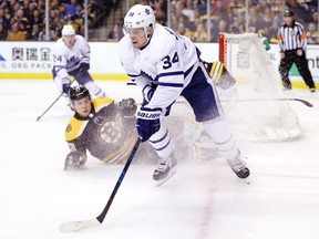 Auston Matthews handles the puck during Game 2 on April 14, 2018 (GETTY IMAGES)