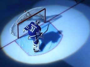Frederik Andersen of the Toronto Maple Leafs warms up prior to playing against the Boston Bruins in Game 6 at the Air Canada Centre on April 23, 2018 in Toronto. (Claus Andersen/Getty Images)